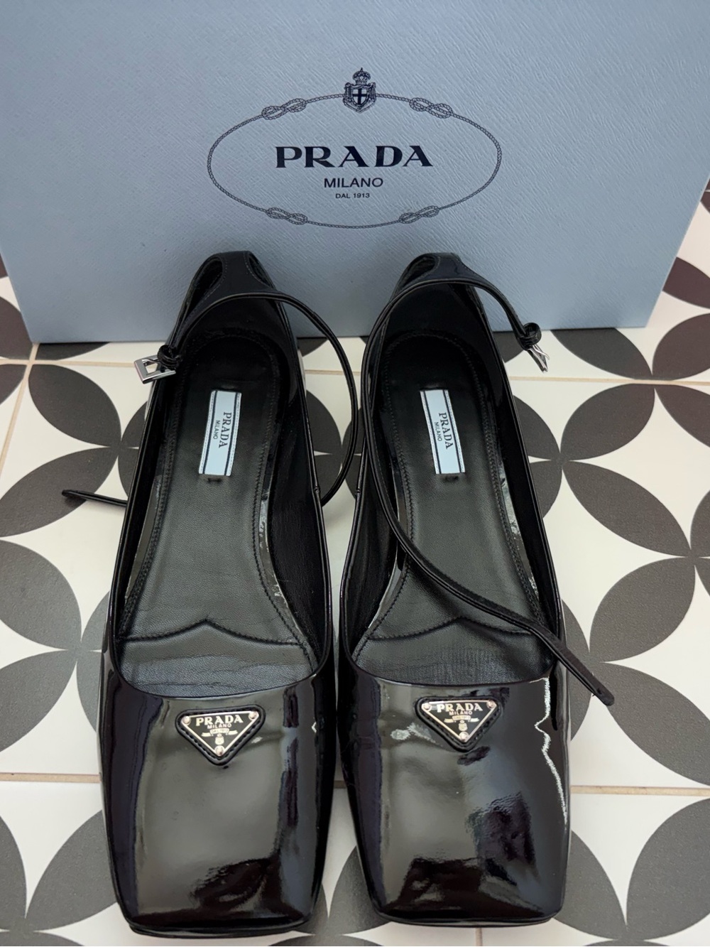 (USED) Prada Black Patent Leather Square-Toe Ankle-Strap Pumps with Logo